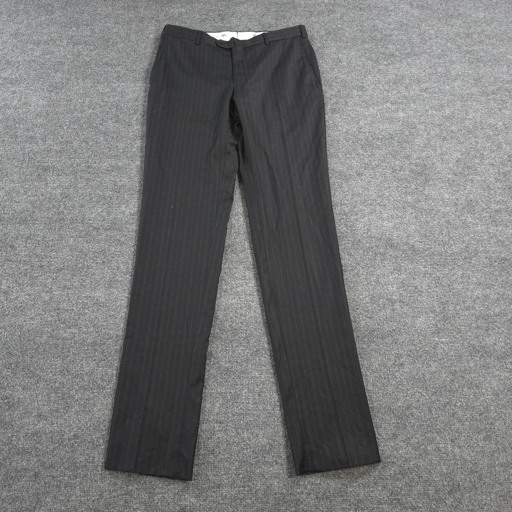 Isaia Pants Mens 34x37 Black Pinstripe Base Sanita Unhemmed Dress Slacks Italy